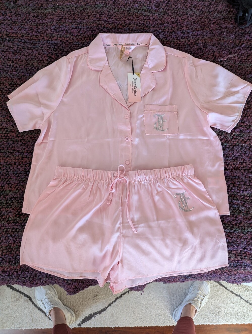 Juicy Couture Light Pink Satin Short Pajama Set with Crystal Logo